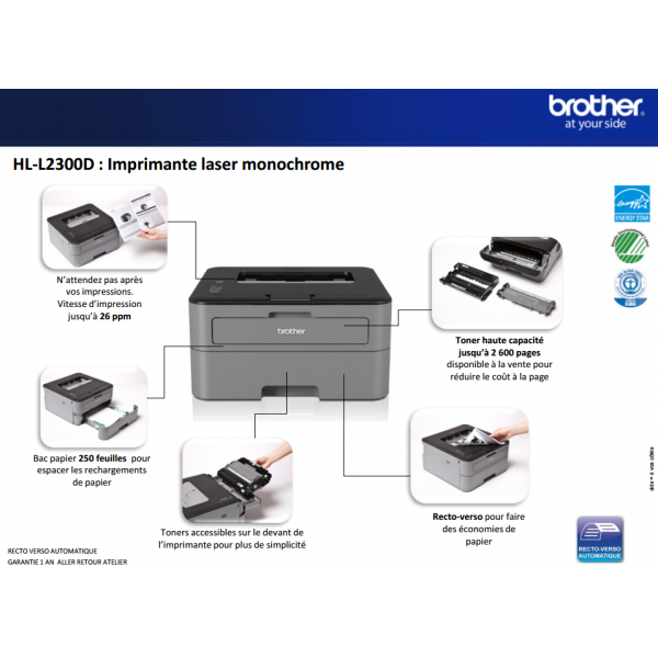 Imprimante laser monochrome compacte recto-verso Brother HL-L2310D